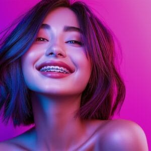 A woman with fixed braces looking happy and confident