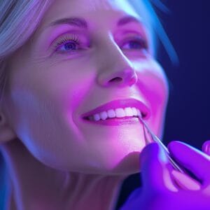 A woman getting her teeth whitened using a professional home kit