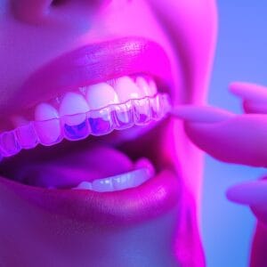A woman with Invisalign with straight teeth