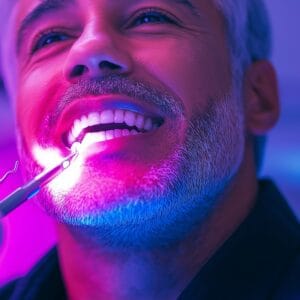 Man looking happy whilst getting a dental hygiene treatment by a dentist