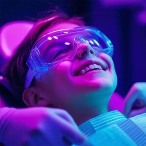 A child sat in a chair getting a dentist treatment