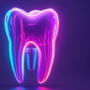 An artificial tooth with a screw attached to the bottom, suggesting replacing a damaged or missing tooth