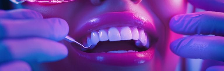 Close-up of a smile showing even, white teeth after composite veneer treatment.