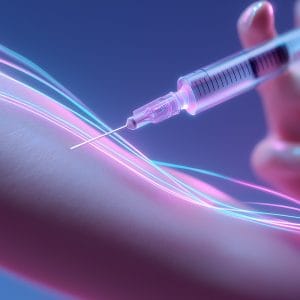 An injection into a patient's arm with neon lines describing how Profhilo Body can bring structure and firmness to the body